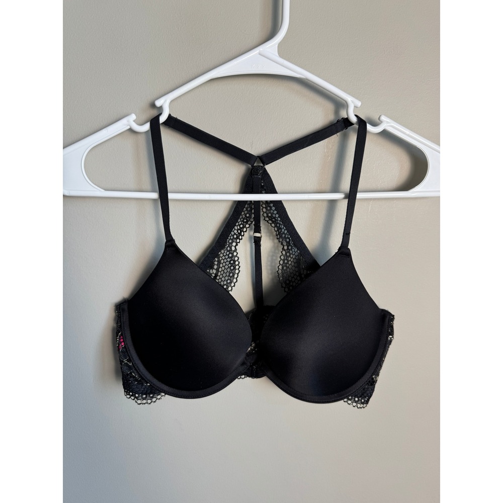 La Senza Obsession Plunge Bra Black Lace T-Back 34C Goth Coquette Chic Underwire